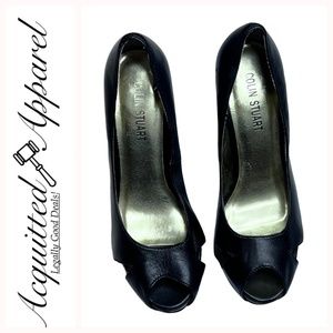 Colin Stuart Black Leather Block High Heels Peep Toe